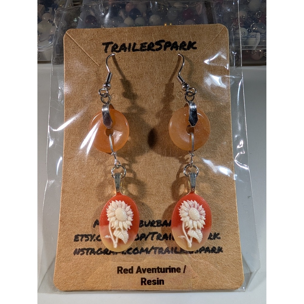 TrailerSpark Red Aventurine Resin Sunflower Cameo Dangle Earrings Nickel Free‎